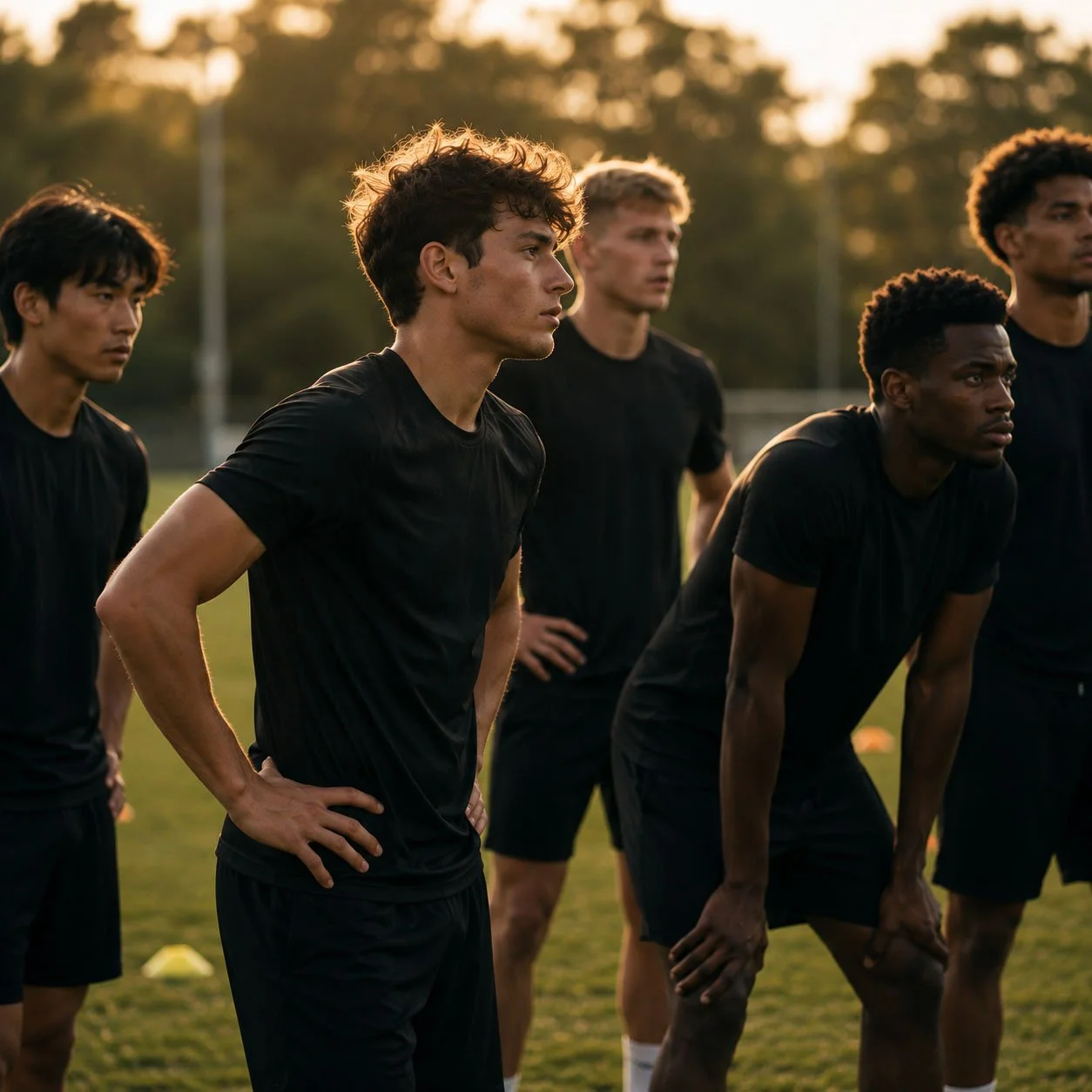 Group of male soccer players in black uniforms standing on a field during sunset, focusing on the game.