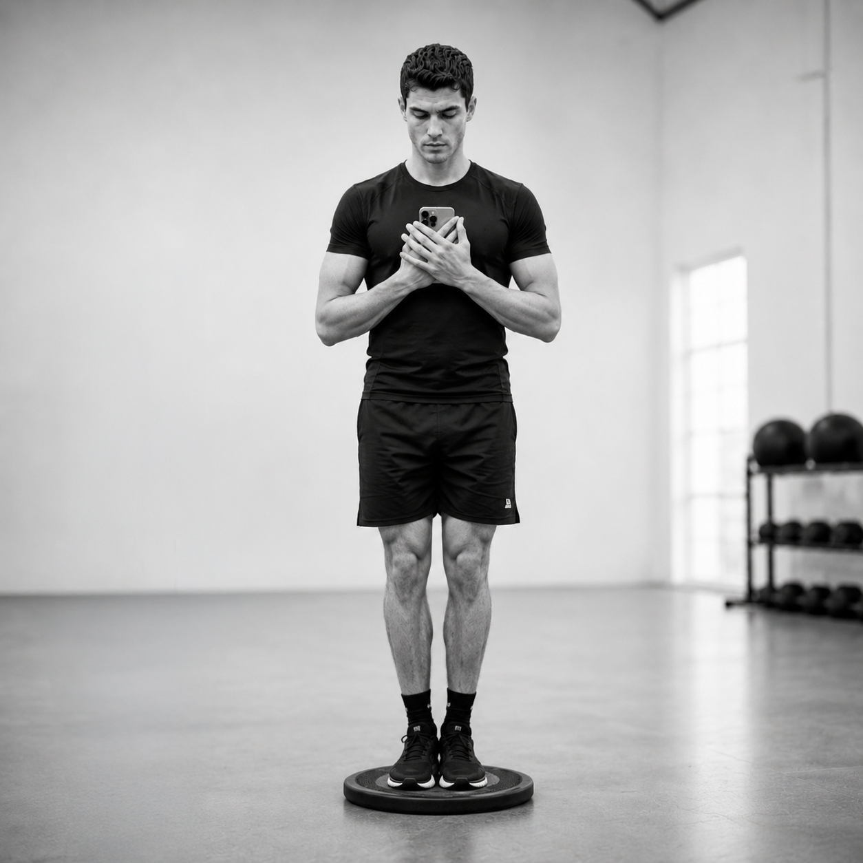 A young man in athletic clothing standing on a balance disc in a gym, looking at his phone.
