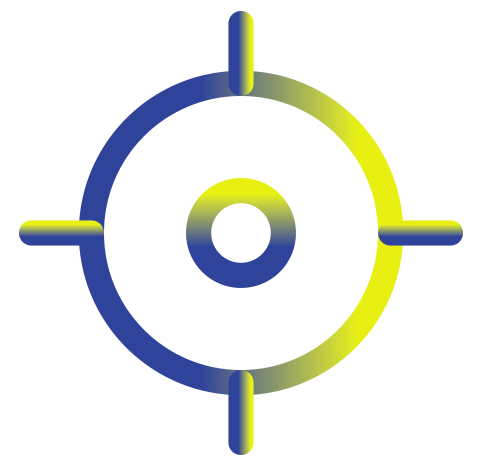 Abstract graphic with blue and yellow geometric shapes and patterns, featuring a central circular element.