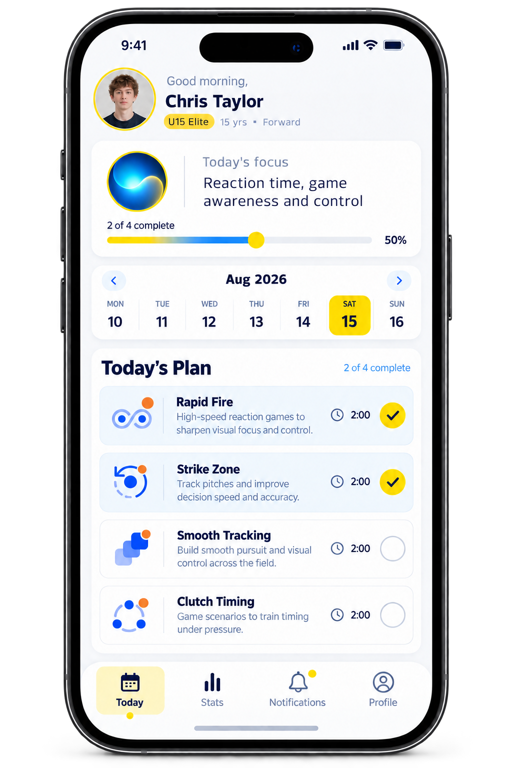 A smartphone screen displaying a sports training app with a profile picture of a young male, daily training focus on reaction time and game awareness, calendar with August 15 highlighted, and today's training plan including reaction games and drills.