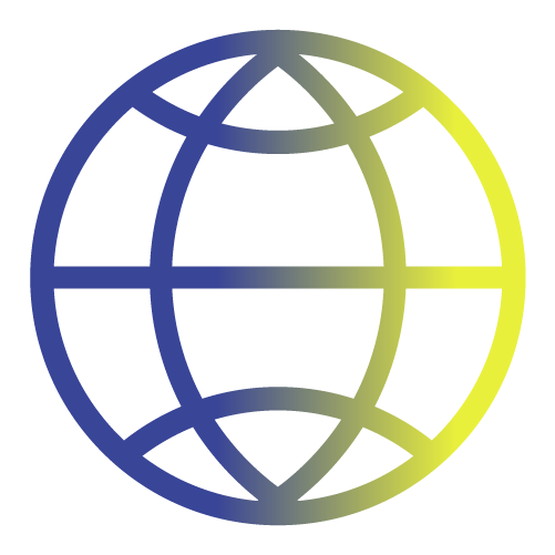 Line drawing of a globe with latitude and longitude lines, colored in a gradient from blue to yellow.