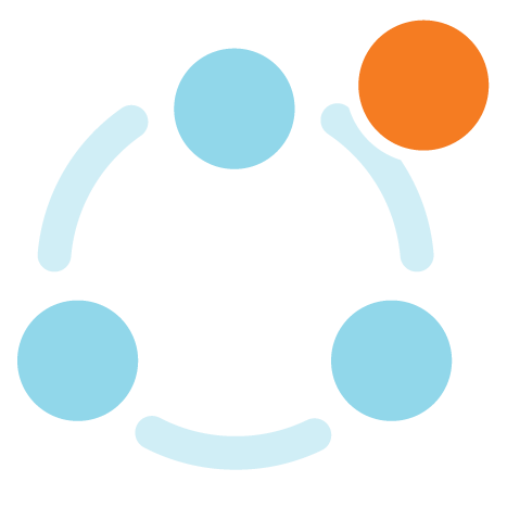 Digital illustration of a network diagram with five interconnected nodes, one orange and four light blue, representing a connection or system.