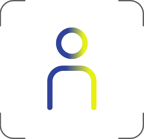 Icon of a person with a gradient outline in blue, green, and yellow on a black background.