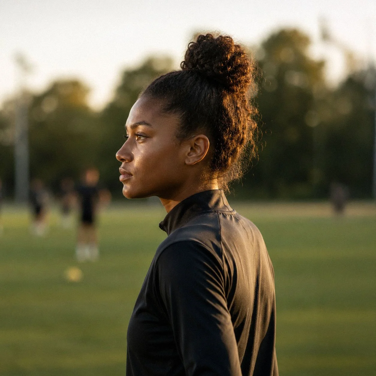 Profile of a young African American woman with curly hair tied up in a bun, standing outdoors on a field during sunset.