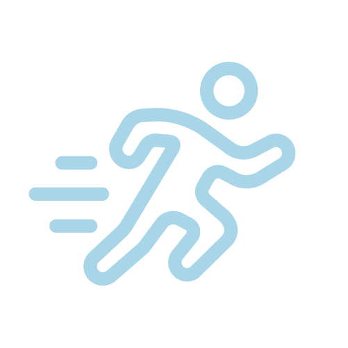 Stylized icon of a person running with motion lines and a small circle overhead.