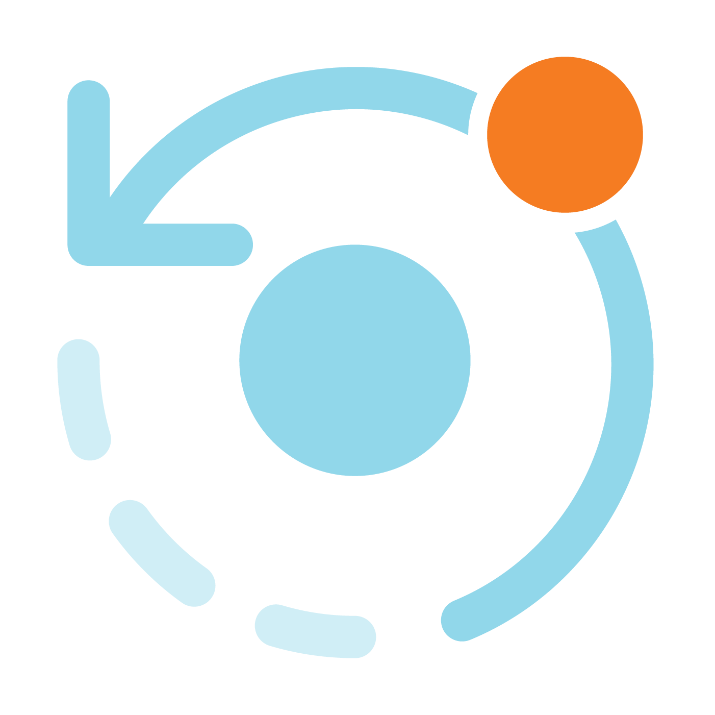 Graphic with a light blue circle at the center, surrounded by a dashed light blue circle, a solid orange circle, and a series of segmented light blue lines forming a pattern.