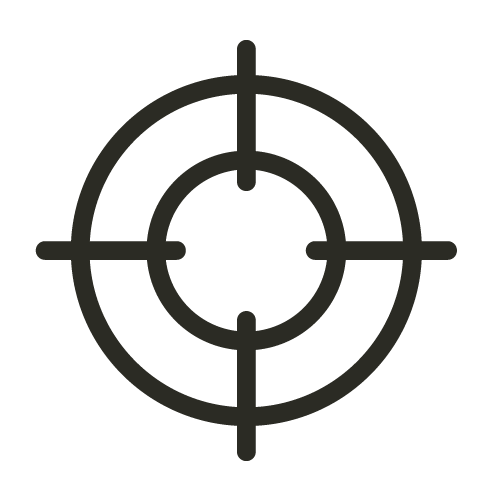 A black and gray crosshair target symbol with a central dot.