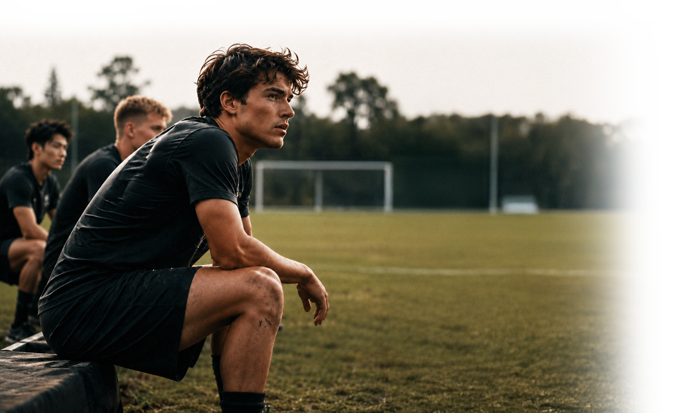 A young male soccer player sitting on the sidelines of a field, watching a game during sunset with his teammates in the background.
