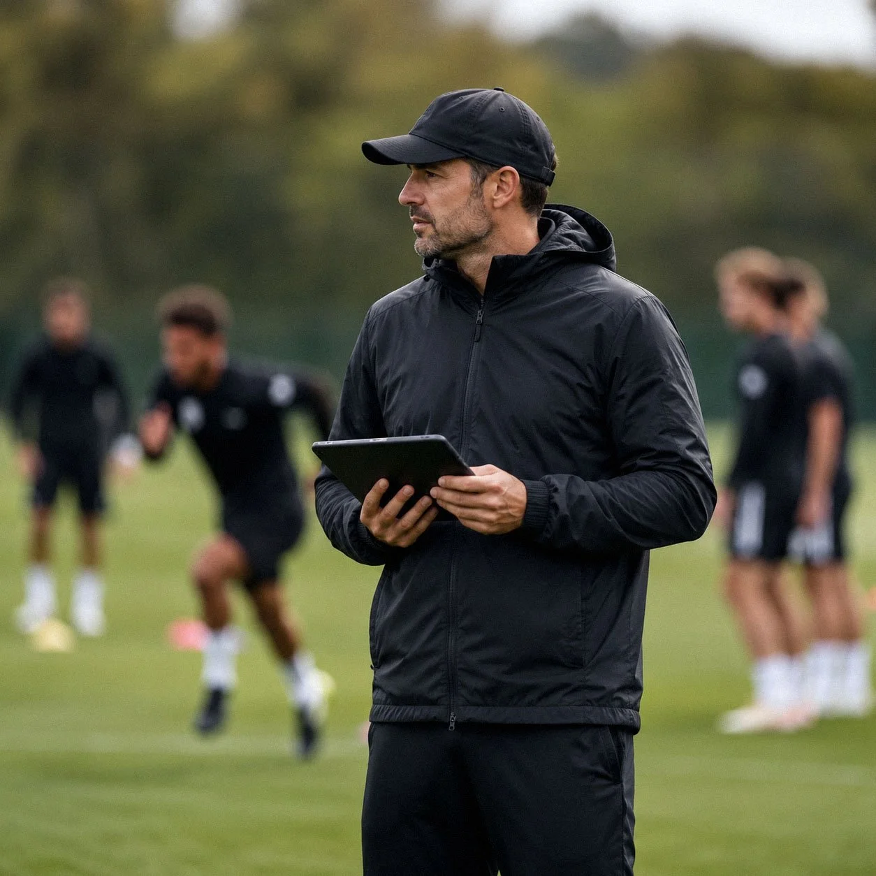 A man in a black jacket and cap holding a tablet on a grassy field, with a soccer coach and players in uniforms blurred in the background.
