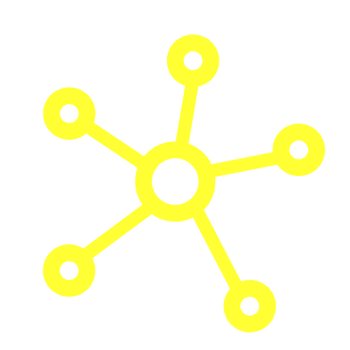 A yellow network diagram with a central circle connected to seven smaller circles on a black background.