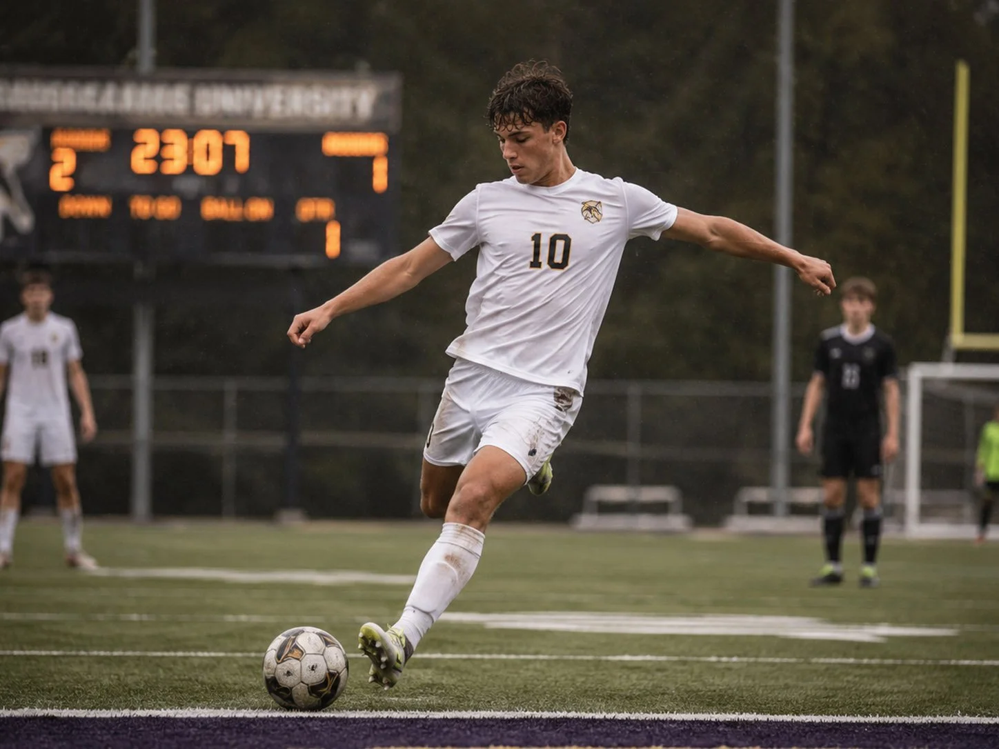 A young male soccer player with a white uniform and the number 10, kicking a soccer ball on a field during a match, with a scoreboard visible in the background.