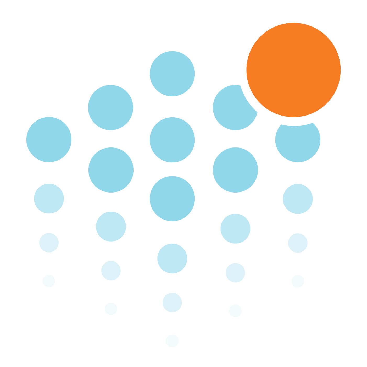 A graphic with blue and orange circles of varying sizes, with a large orange circle at the top right.
