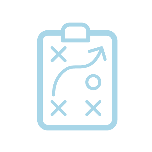 A diagram of a sports strategy on a clipboard, showing X's, O, and a curved arrow.