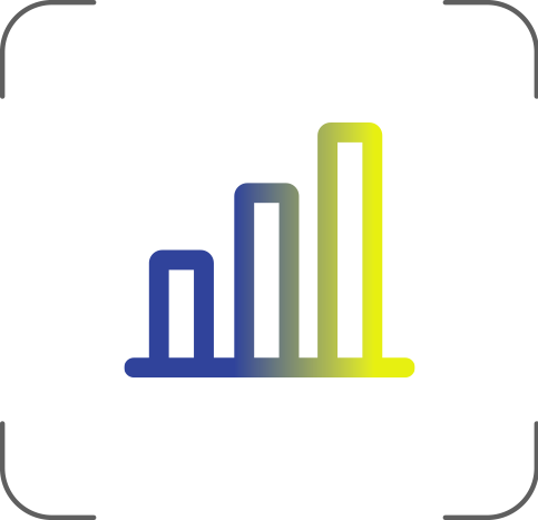 Bar chart with three vertical bars in blue, gray, and yellow on a gray background.