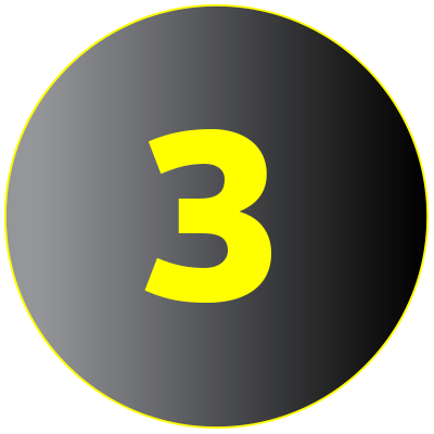 A black circular background with a yellow border and the number three in yellow in the center.