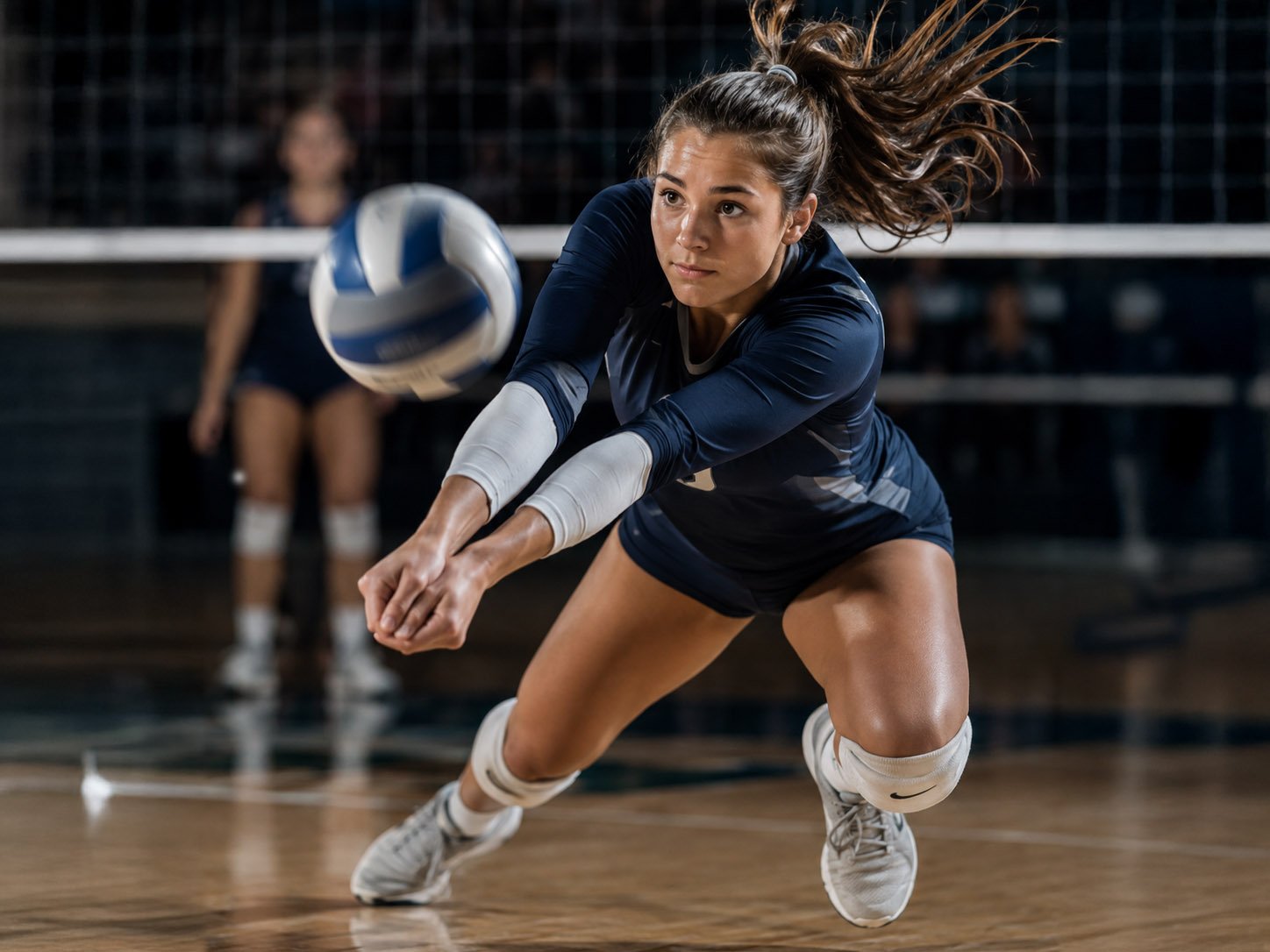 A female volleyball player in a blue uniform dives to hit the volleyball during a game on an indoor court, with another player blurred in the background.