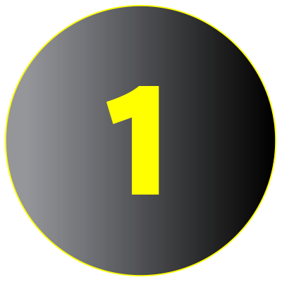 Black circular badge with yellow border and the number one in the center.