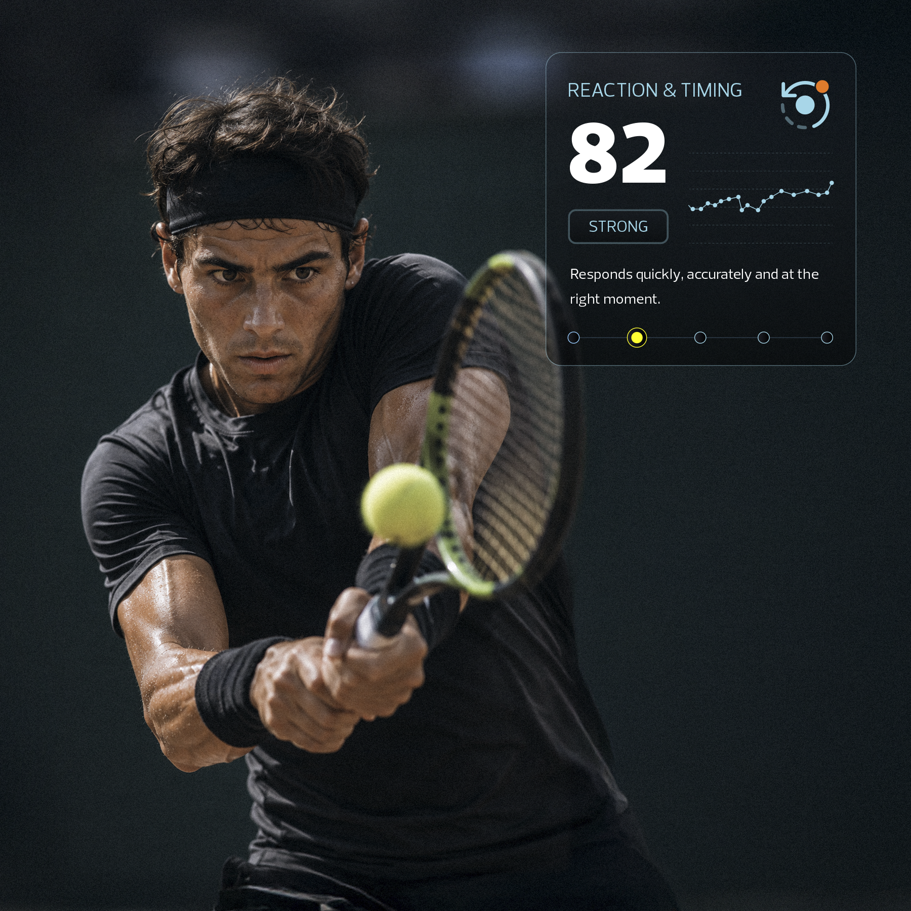 Professional tennis player nearing the racket to hit a tennis ball during a match.