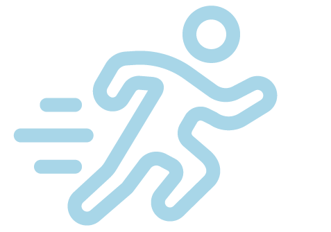 Line drawing of a person running after a ball, with motion lines indicating speed.