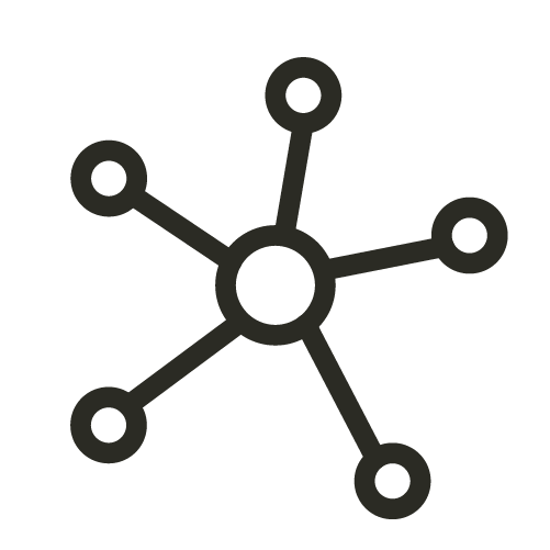 A diagram of a central circle with six lines extending outward, each ending in a smaller circle, resembling a molecular structure or network diagram.