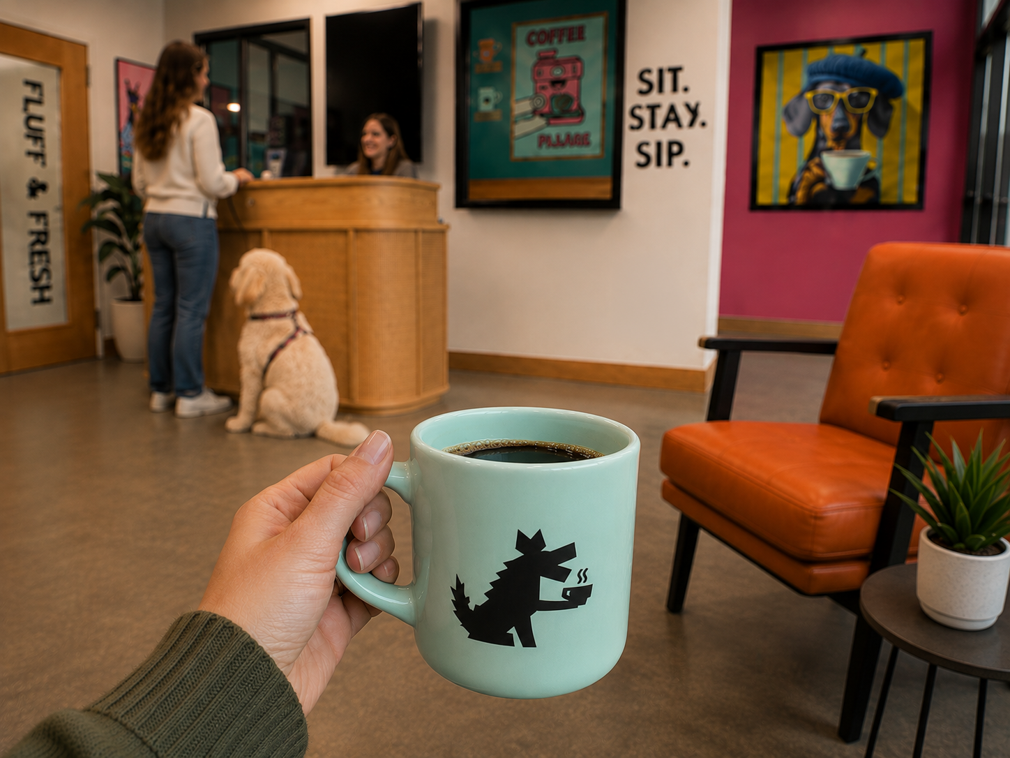 A person holding a light green coffee mug with a black cartoon dinosaur design, sitting in a cozy coffee shop with warm colors and artwork on the walls. In the background, a woman is talking to a barista at the counter with a seated golden retriever dog nearby.