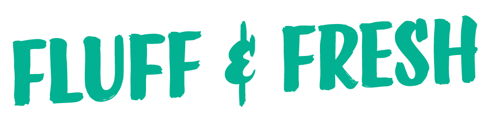 Logo with the text "FLUFF & FRESH" in teal and white, stylized font.