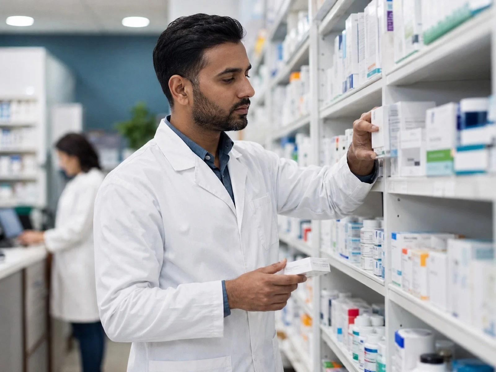 A male pharmacist in a white coat selecting medication from pharmacy shelves, with a female pharmacist in the background at a pharmacy.