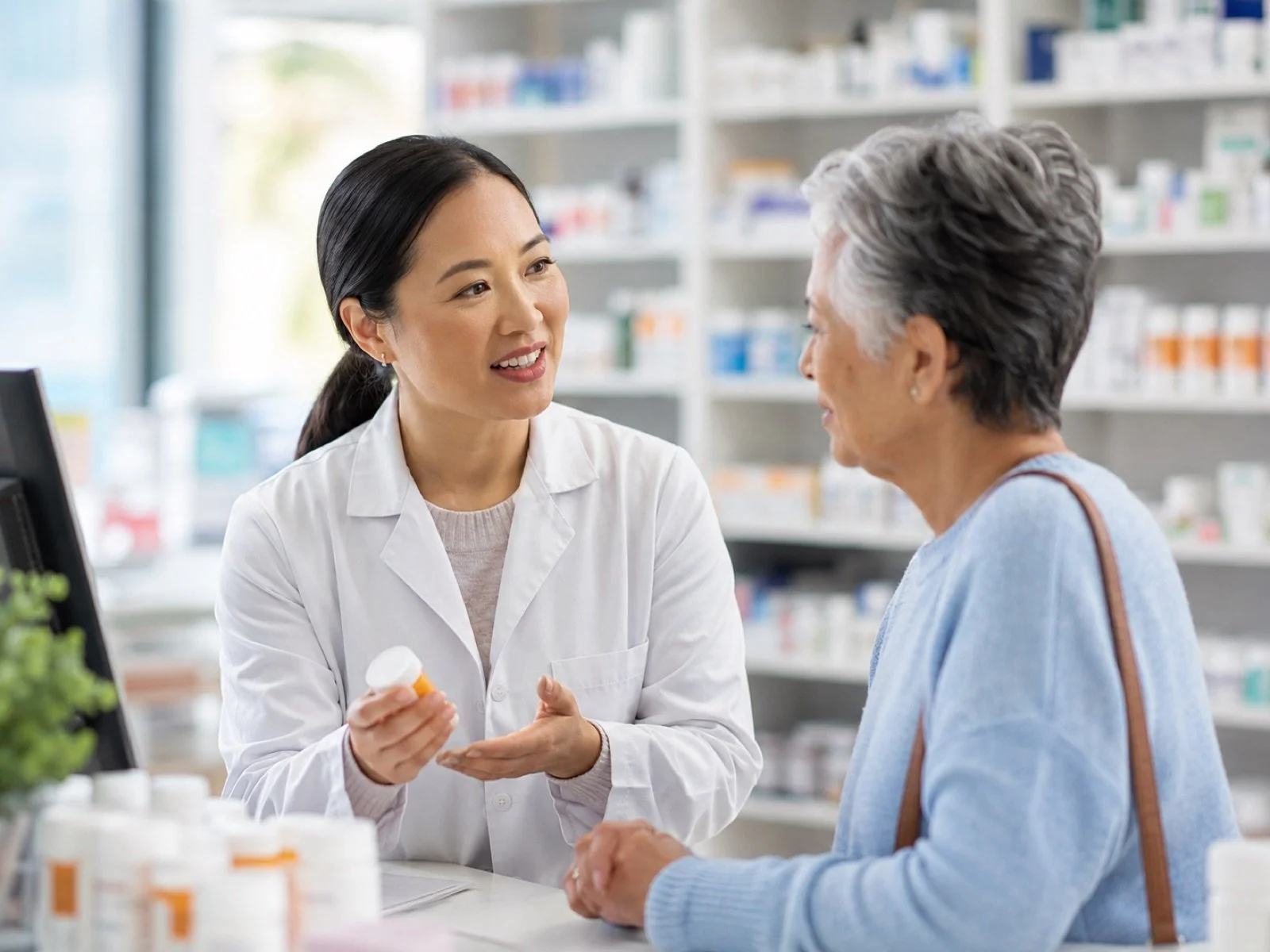 A female pharmacist wearing a white coat handing a pill bottle to an elderly woman in a pharmacy.