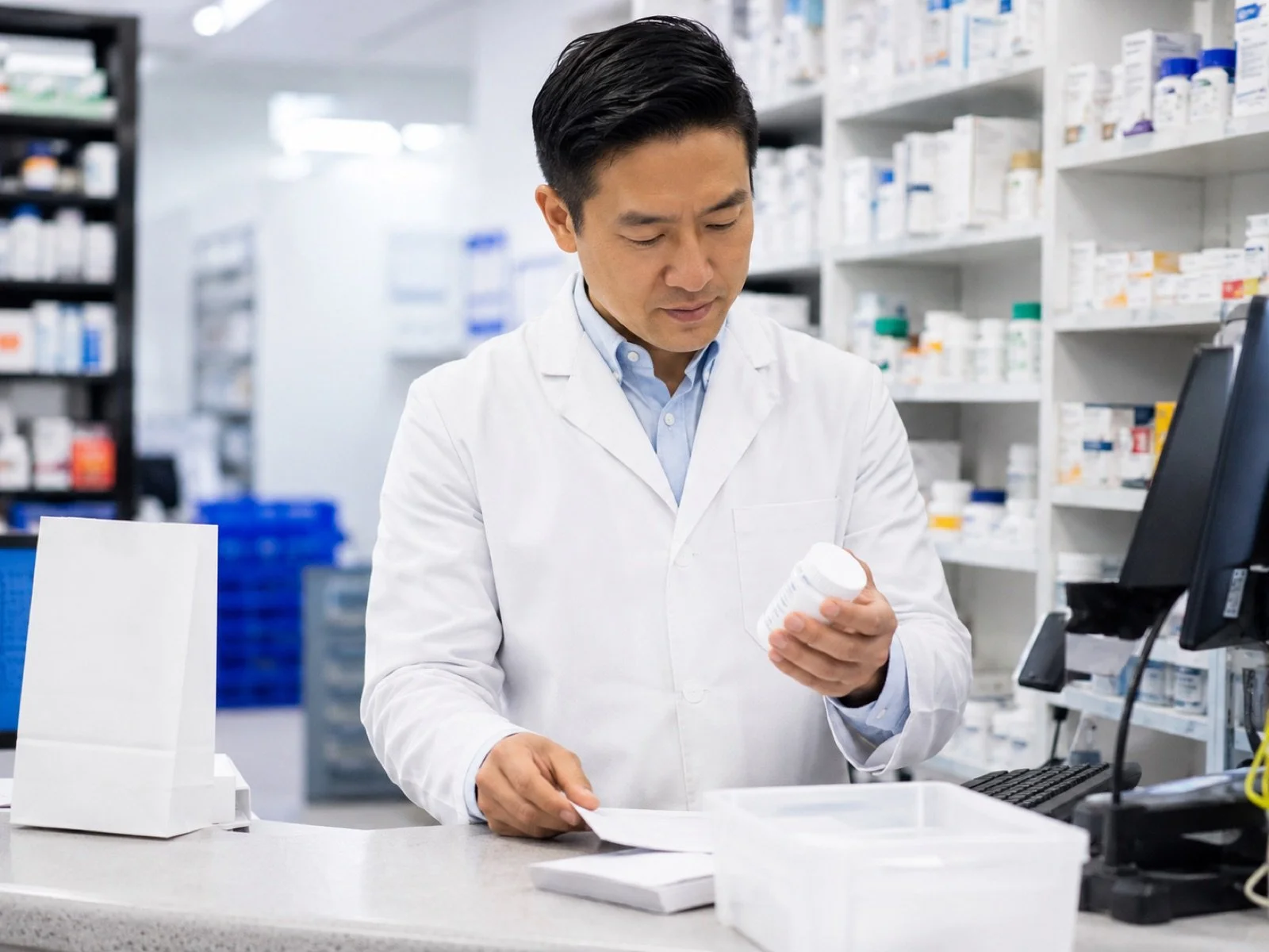 A pharmacist in a white lab coat inspecting a pill bottle at a pharmacy counter.