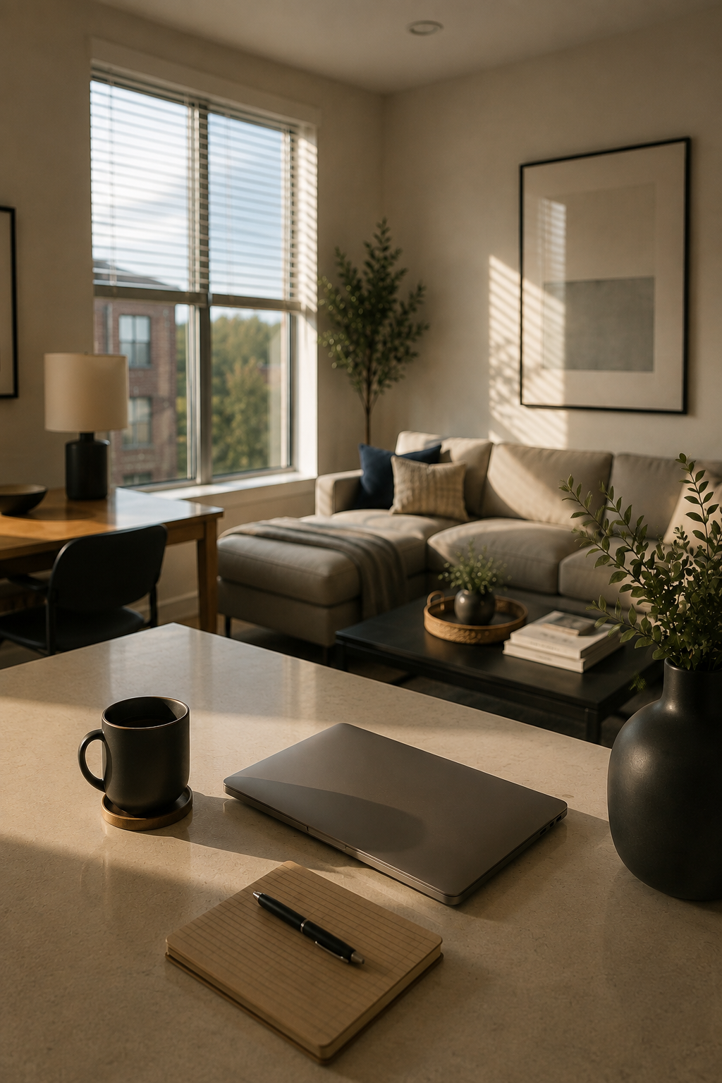 Living room with large window, beige sofa with pillows, coffee table with plants and books, dining table with a lamp, and a kitchen countertop with a laptop, notebook, and cup.