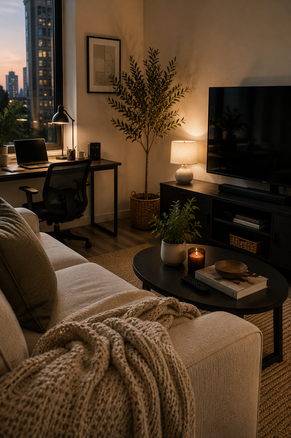Cozy modern apartment living room with a beige sofa, knitted blanket, black oval coffee table with plant, candle, and book, black TV stand with television, table lamp, and decorative items, small black desk with a lamp and laptop near a window showing city buildings at sunset, indoor plants, framed art on the wall, warm ambient lighting.
