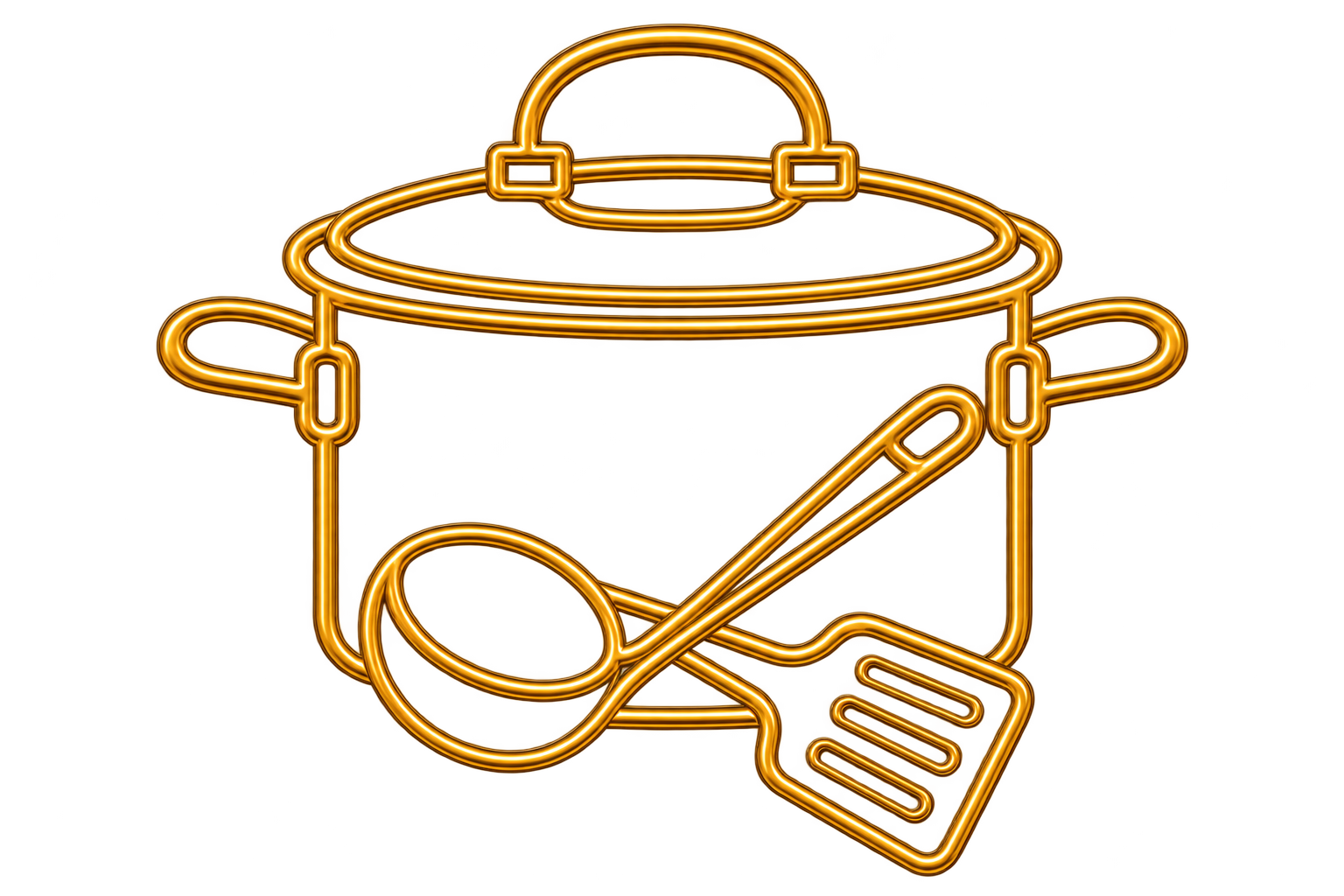 Neon sign of a cooking pot with a lid, a spoon, and a spatula in front of the pot.