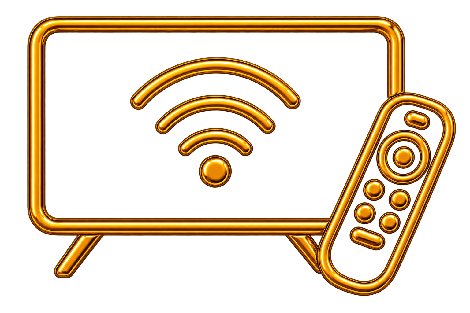 Neon-style glowing orange TV with wireless signal icon on screen and remote control beside it.