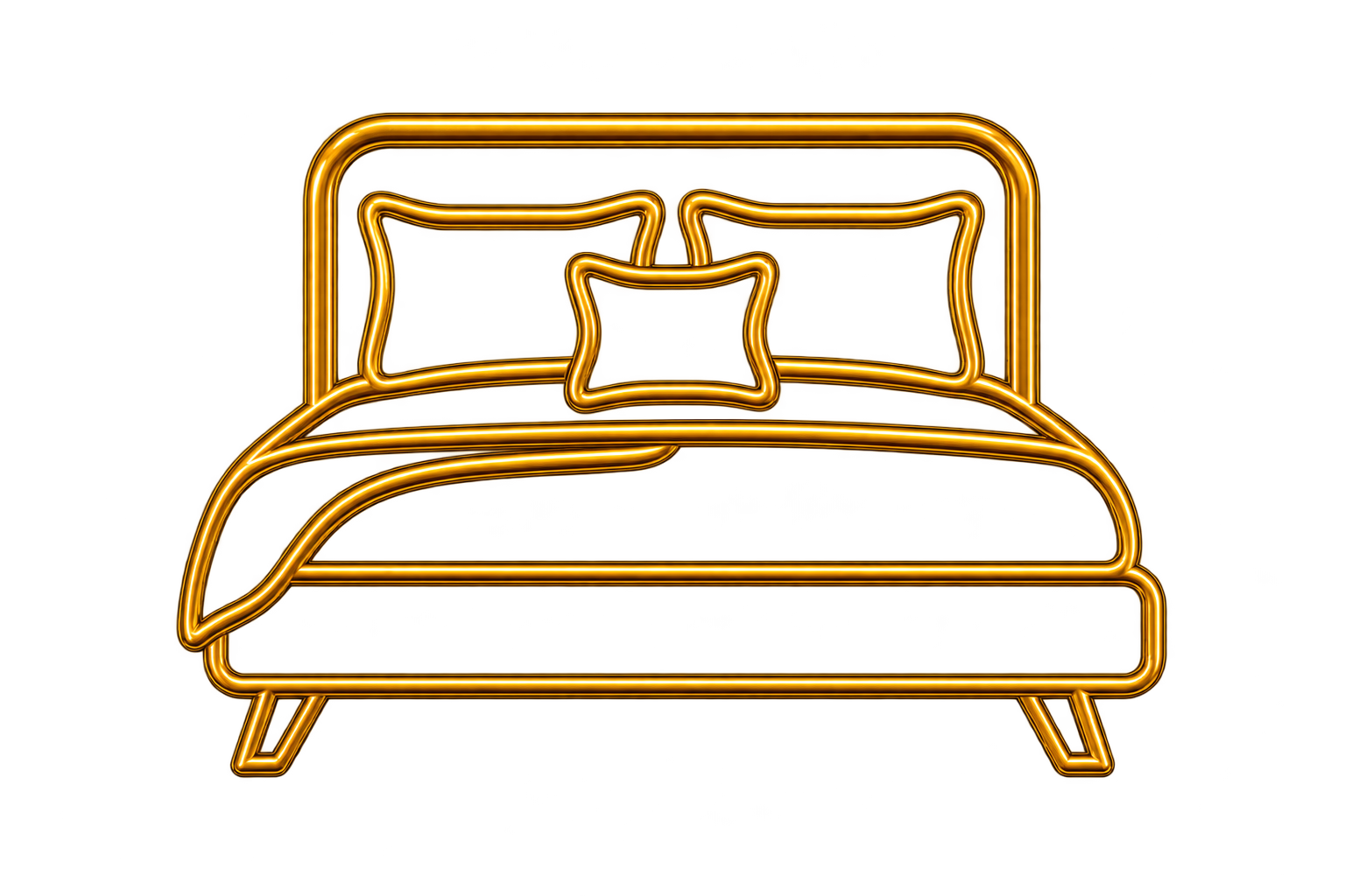 Neon light depiction of a bed with pillows and a throw blanket