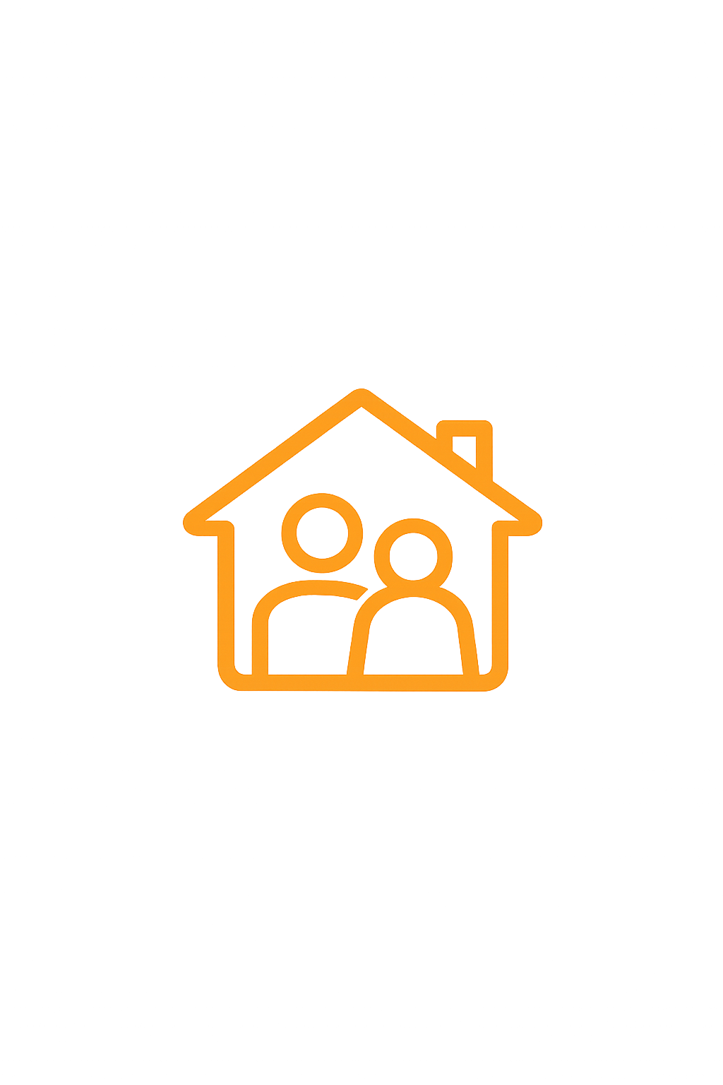 Outline of a house with two people inside, in orange color, on a black background.