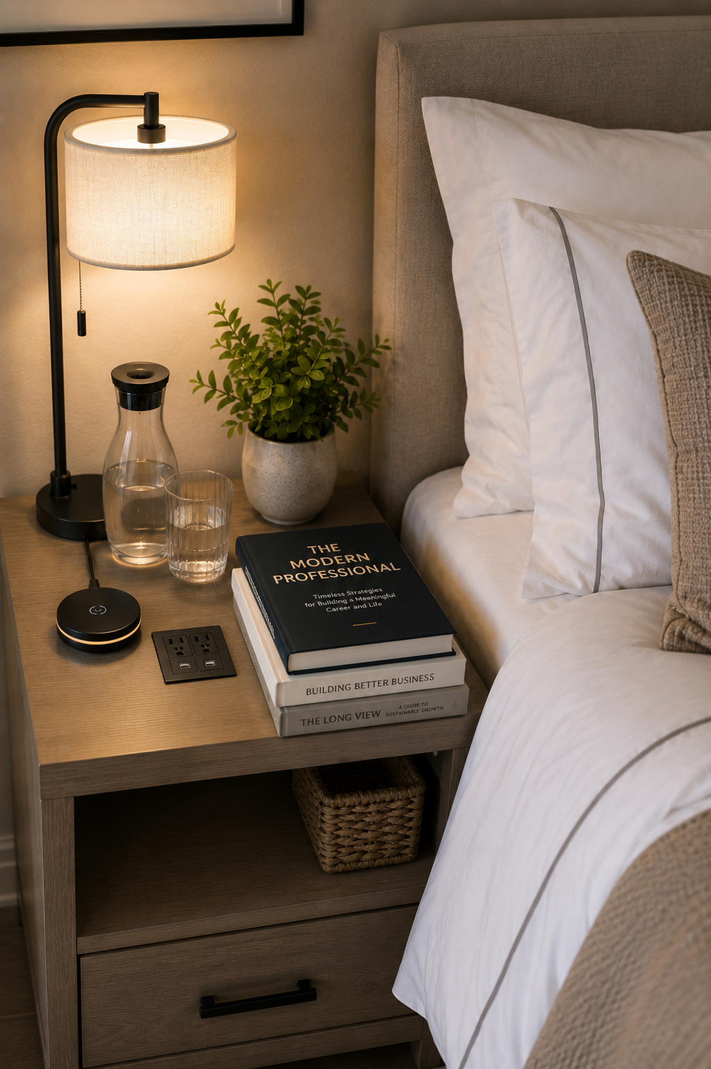 A bedside table with a table lamp, a potted plant, a glass pitcher, and three books.