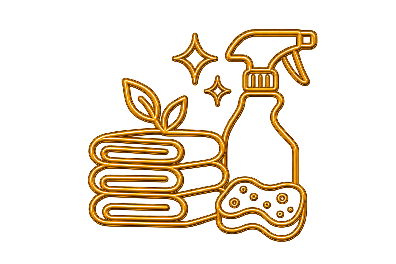 Neon outline of cleaning supplies including a spray bottle, sponge, and cloth, with leaves and sparkles for eco-friendly cleaning.