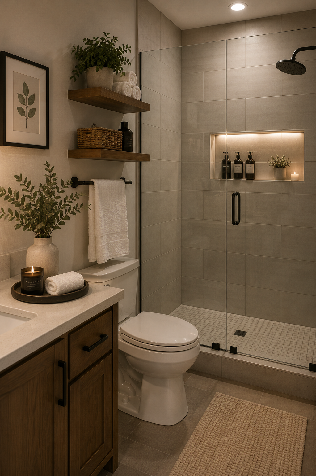 A modern bathroom with a walk-in shower, toilet, and wooden vanity. Decor includes potted plants, rolled towels, candles, and framed botanical art.