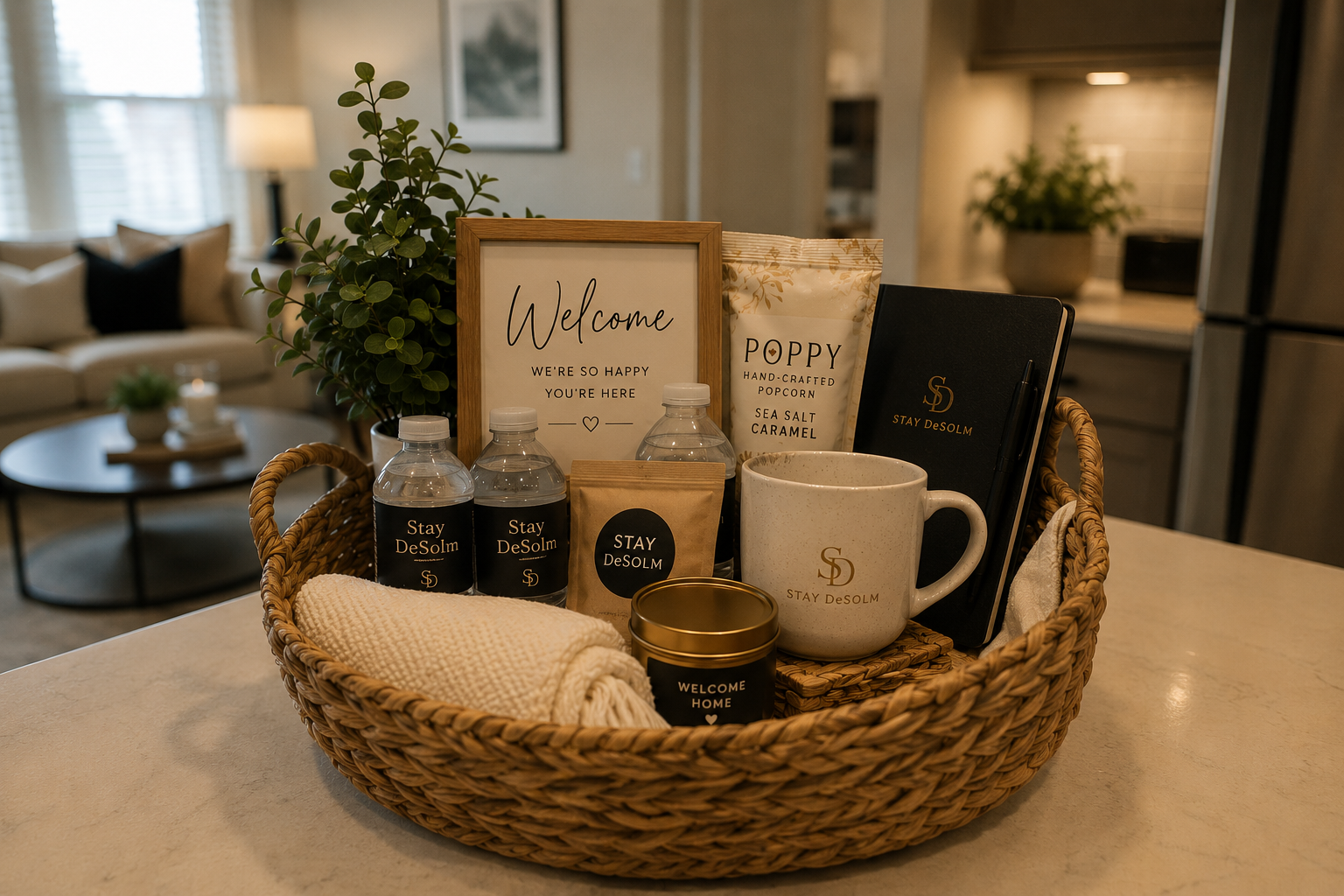 Wicker basket with welcome sign, potted plant, bottled water, popcorn, mug, notebook, candle, towel, and snack items on a kitchen counter in a cozy living room.