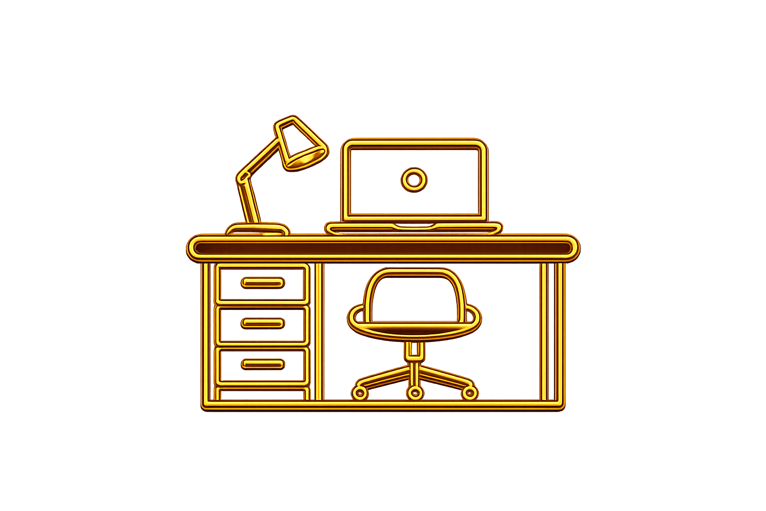 Neon image of a workspace with a desk, lamp, chair, and a computer in warm amber lighting.