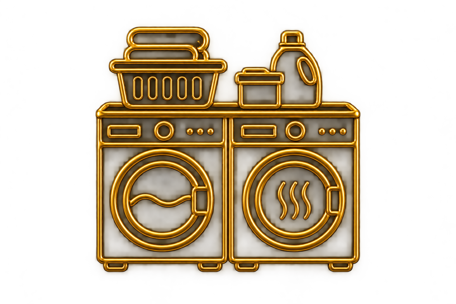 Neon sign illustration of a washing machine and dryer with laundry on top, including a basket and detergent, in bright yellow-orange color.