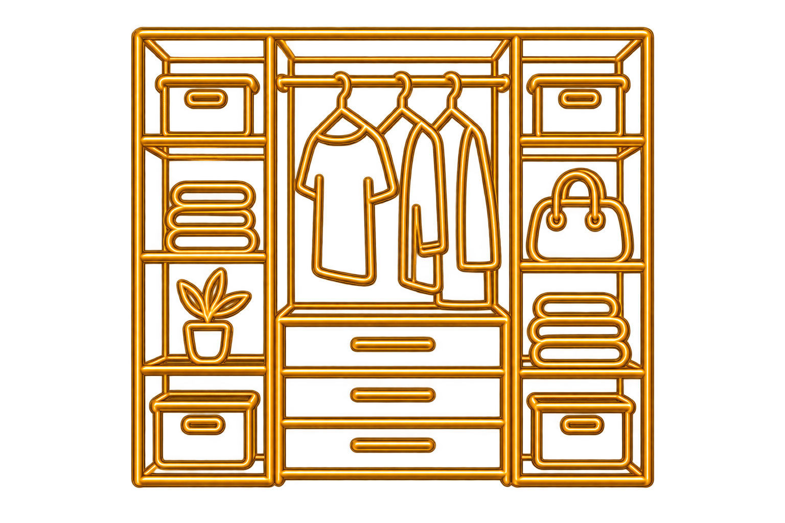 Neon outline illustration of a wardrobe with hanging clothes, drawers, storage boxes, folded towels, a potted plant, and a handbag.