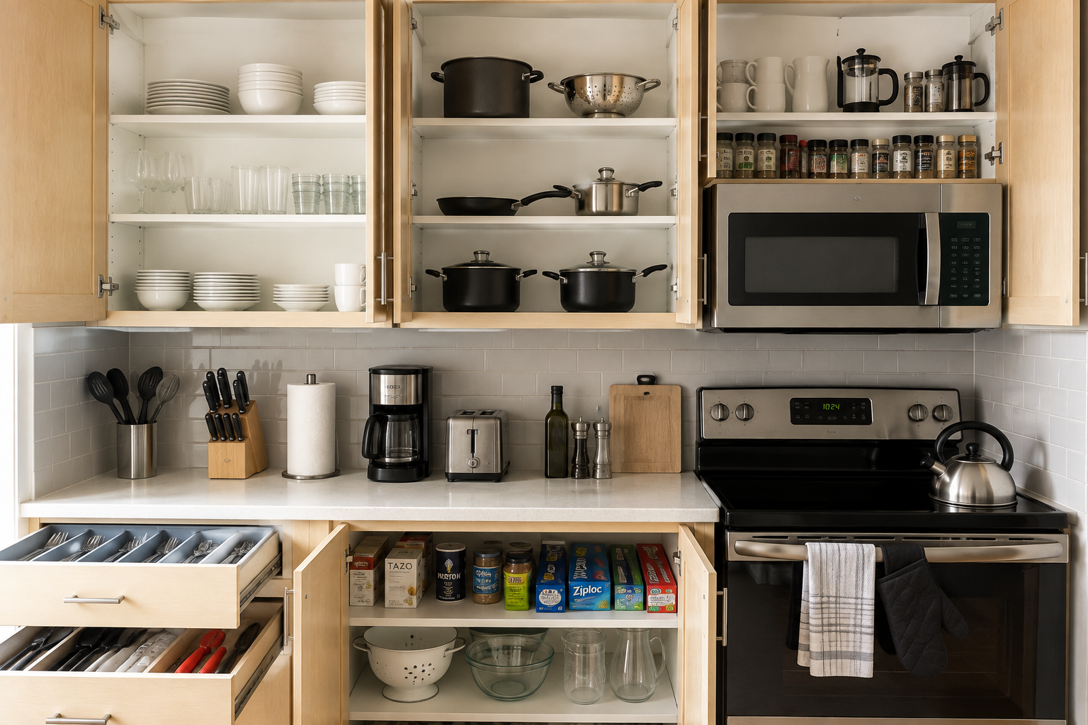 Kitchen cabinet with dishes, kitchen appliances, and pantry items.