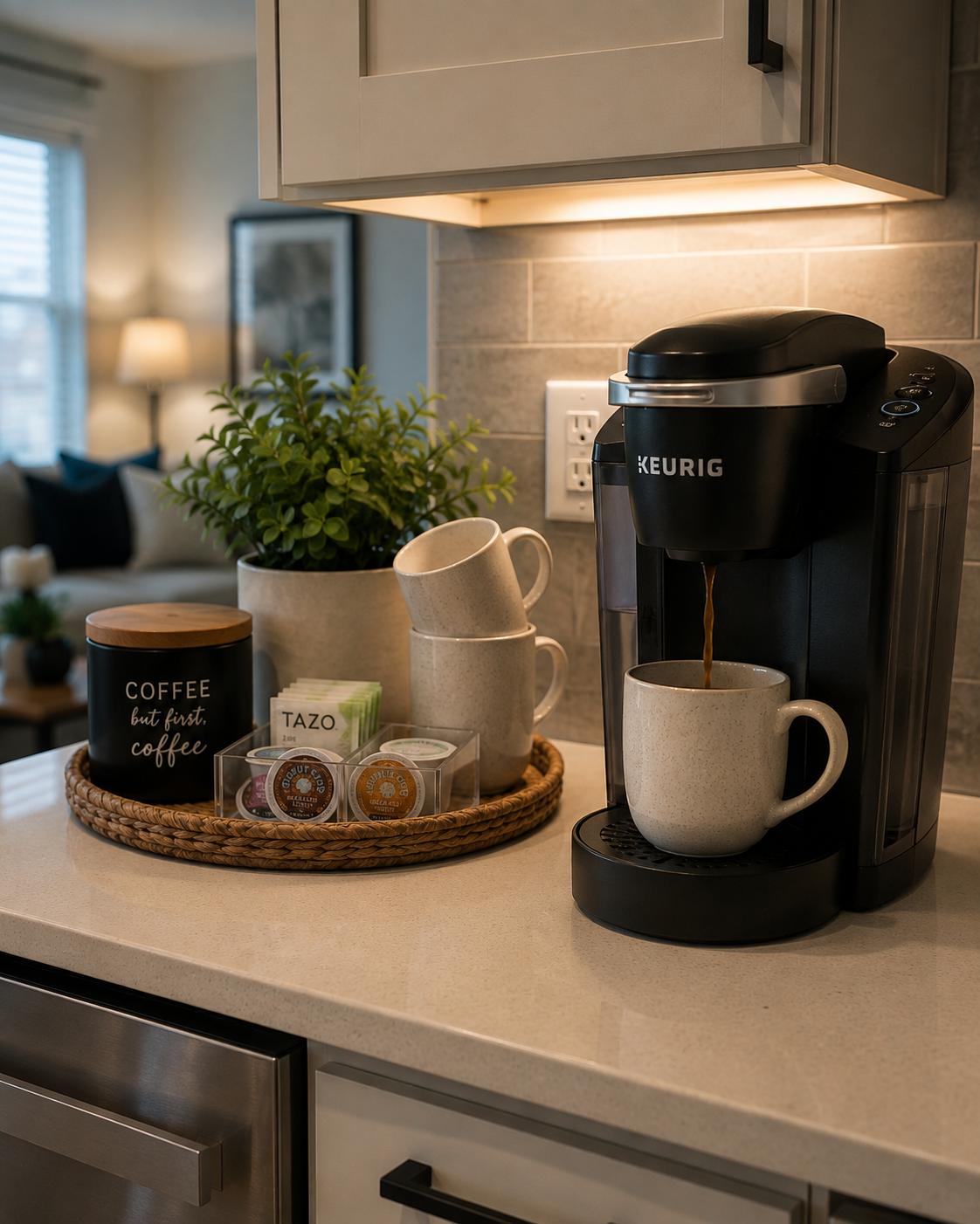 A black Keurig coffee maker brewing coffee into a speckled mug on a kitchen countertop. Next to it is a basket with cups, coffee pods, tea packets, and a small potted plant. A black container with the words 'Coffee but first, coffee' is also on the tray. The background includes a living room with a lamp and window.