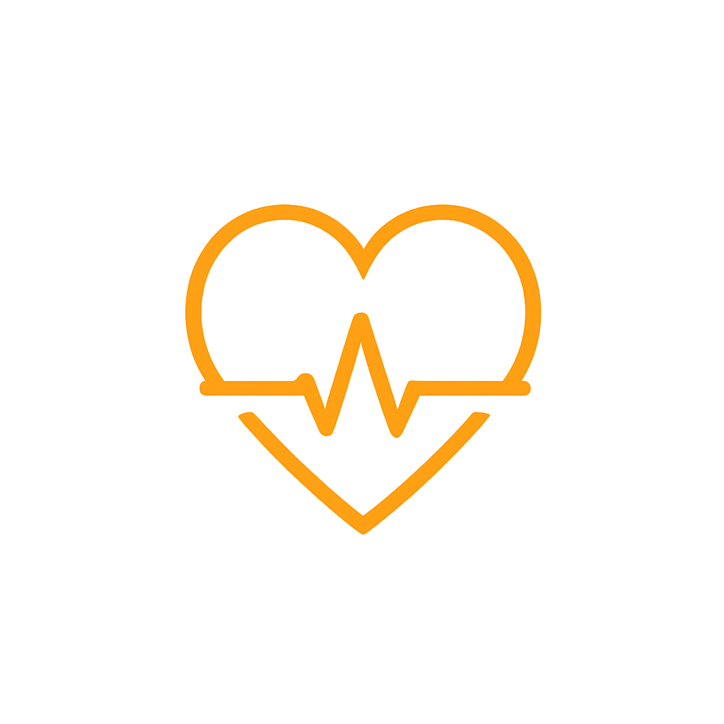 Orange neon heart with a heartbeat line in the center, symbolizing health or medical care.