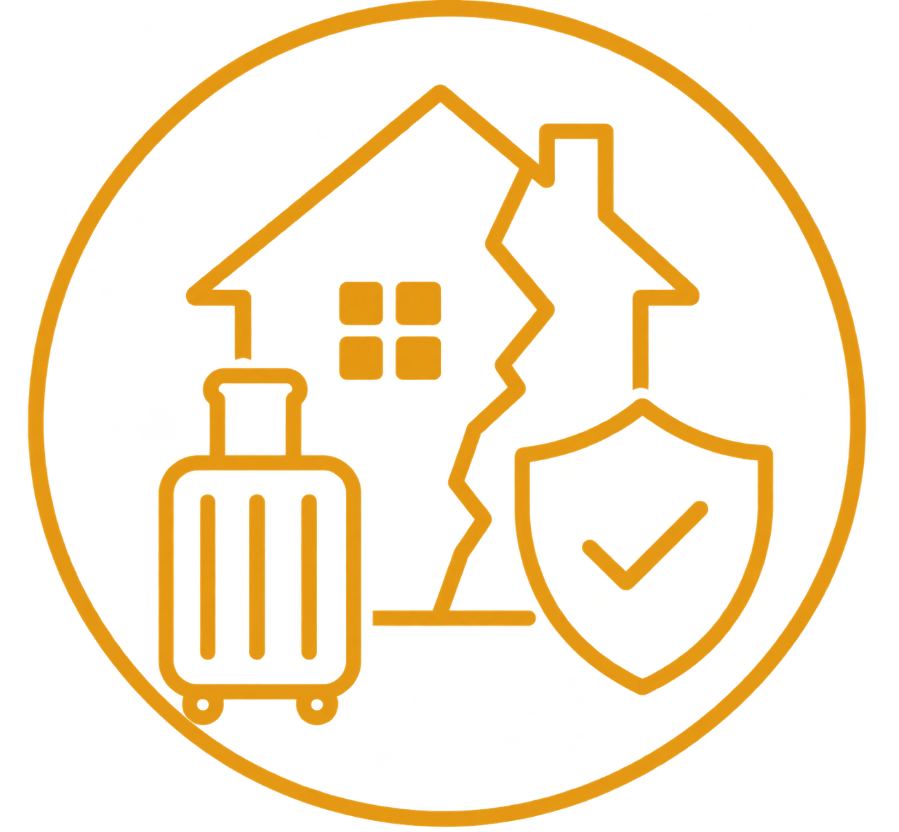 Icon of a house within a shield, with a suitcase and check mark, indicating secure travel or travel protection.