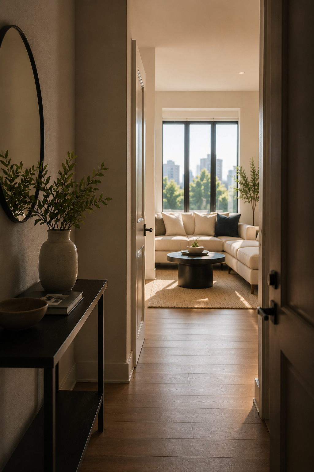 A view into a modern living room with a large window looking out at a cityscape and trees. There is a light-colored sectional sofa with pillows, a round coffee table with a plant, and potted plants near the window. The room is illuminated with natural light.