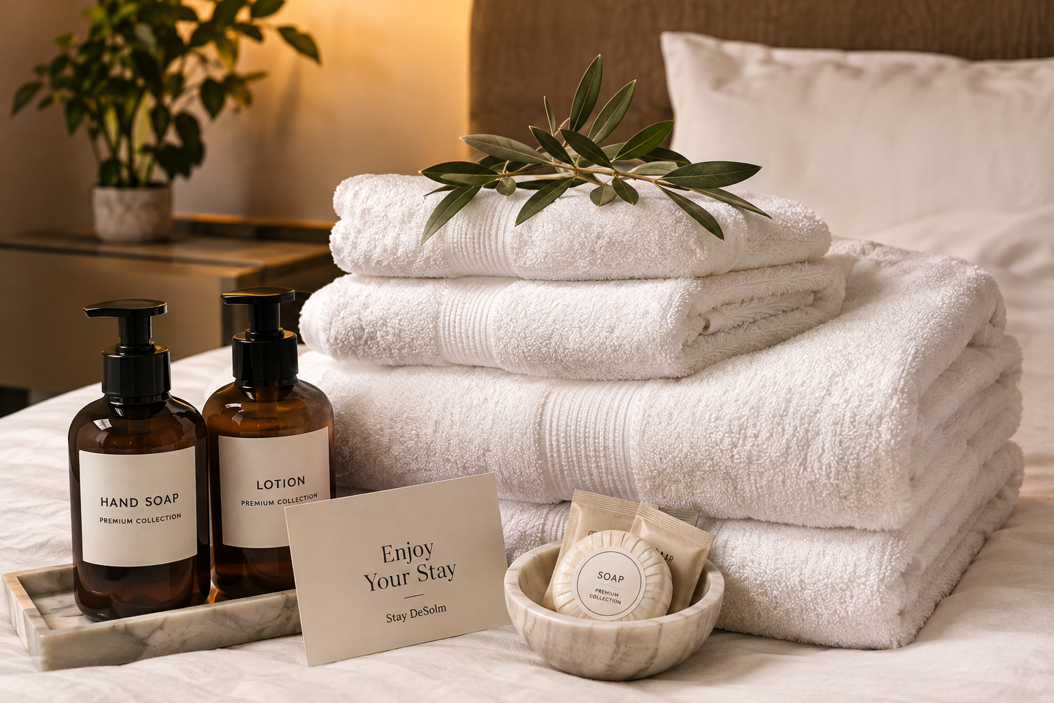 Stacked white towels with green olive branches atop, placed on a bed with a white pillow. Two amber bottles labeled hand soap and lotion, a small bowl with soap and a card reading 'Enjoy Your Stay,' along with a small potted plant in the background.