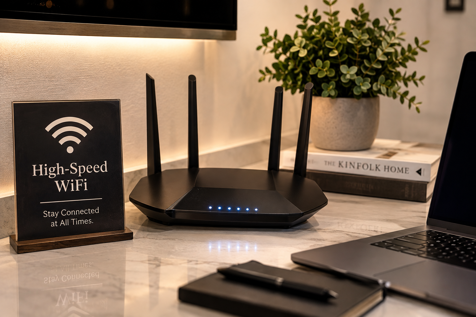 A WiFi router with four antennas on a marble countertop, next to a sign that reads 'High-Speed WiFi, Stay Connected at All Times,' and a potted plant with green leaves in a gray pot, with books and a laptop nearby.