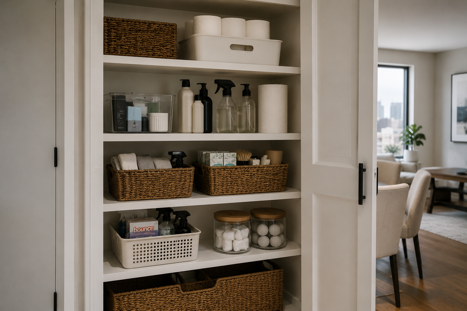 Open pantry with organized shelves holding toiletries, paper towels, baskets with items, and cotton balls in jars in a modern home.